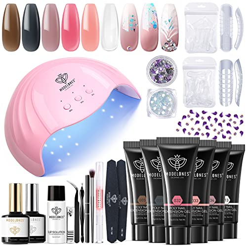 Modelones Poly Extension Gel Nail Kit - 6 Colors with 48W Nail Lamp Slip Solution Rhinestone Glitter All In One Kit for Nail Manicure Beginner Starter Kit DIY at Home Kit