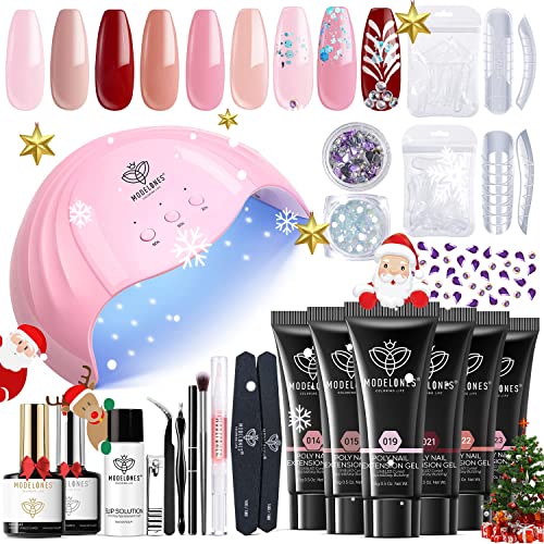 Modelones Poly Extension Gel Nail Kit - 6 Colors with 48W Nail Lamp Slip Solution Rhinestone Glitter All In One Kit for Nail Manicure Beginner Starter Kit DIY at Home Kit Gift for Christmas New Year