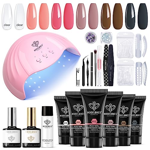 Modelones Poly Nail Gel Kit 6 Colors with 48W Nail Lamp Slip Solution Rhinestone Glitters Nail Manicure Beginner Starter Kit DIY at Home Kit Beauty Gift