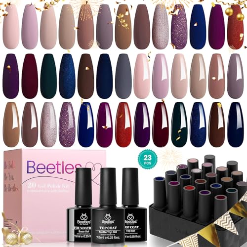 Beetles 23 Pcs Winter Gel Nail Polish Set - Manhattan Collection Nude Glitter Burgundy Red Brown Champagne Gold Fall Gel Polish Soak Off UV Glossy & Matte Top Base Coat Gifts for Women All Season