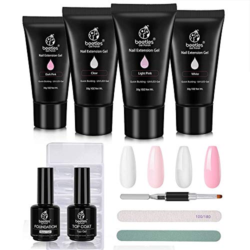 Beetles Poly Nail Extension Gel Kit Clear White Pink 1OZ PolyNail Colors for Builder Gel Nail Art Kit with Poly Brush Nail Forms Dual Forms Tyro Nail Salon All-in-One French Kit Easy DIY Mother's Day Gift for Women
