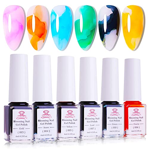 Makartt Marble Nail Polish, Blooming Gel Nail Polish Autumn Color Changing Nail Polish Alcohol Nail Ink Watercolor Blossom Gel Polish Magic Marble Nail Vanish Tinted Beauty 6ml 6 Colors