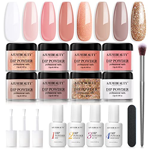 Dip Powder Nail Kit Starter- AZUREBEAUTY 8 Colors Nude Glitter Skin Tones Pink Neutral Dipping Powder System, Essential Liquid Set with Base & Top Coat Activator for French Nail Art Manicure DIY Salon