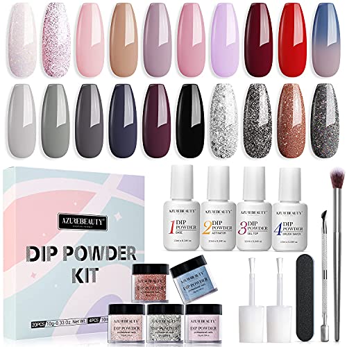 20 Colors Dip Powder Nail Kit Starter, AZUREBEAUTY Glitter Red Pink Gray Collection Acrylic Dipping Powder Liquid Set with Base & Top Coat for French Nails Art Manicure DIY Salon Valentines Day Gift