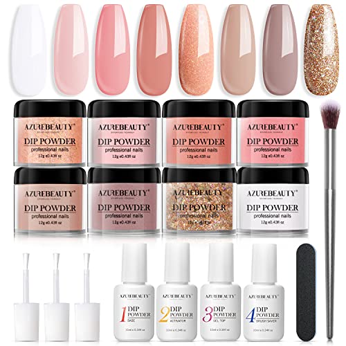 AZUREBEAUTY 17Pcs Dip Powder Nail Kit Starter Nude Skin Tones Champagne Glitter Pink Neutral Acrylic Dipping Powder Liquid Set with Base/Top Coat for French Nail Art Manicure Beginner Party Gift