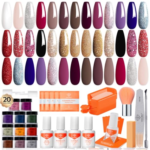20 Colors Dip Powder Nail Kit, Modelones Acrylic Nail Powder Kit Nude Glitter Gray Nail Art Tools with Top and Base Coat Activator Nail Brush File Essential Set Manicure System Beginner No Lamp Needed