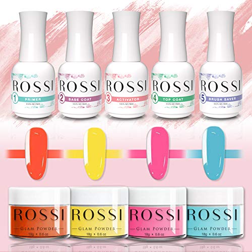 ROSSI Nails Dipping Powder 4 Color PRO Kit | Nail Art | Glam Powder PRO Kit- Primer, Base Coat, Activator, Top Coat, Brush Saver- NO UV Light