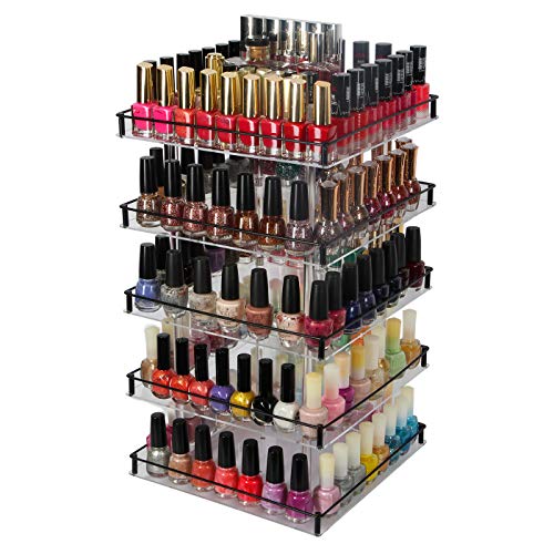 J JACKCUBE DESIGN Nail Polish Organizer, 5 Tier Acrylic 360 Rotating Display Rack Stand Makeup Cosmetics Storage Box Carousel Shelf with Black Iron Guard, Hold Up to 310 – MK302-5