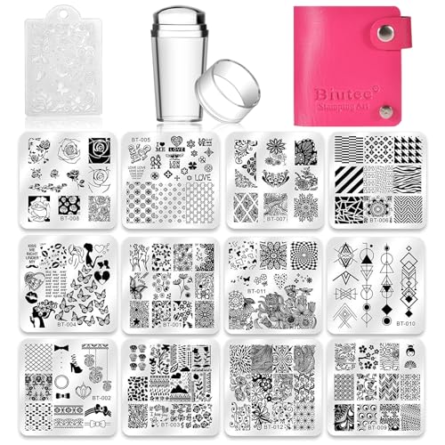 Biutee Nail Stamping Plates Set 12pcs Nail Plates 1stamper 1scraper 1storage Bag Nail Plate Template Image Plate Stencil Nails Tool (C)