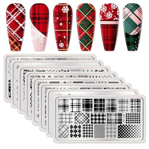 Born Pretty Nail Stamping Plates Set Plaid Flowers Leaves Lace Nail Art Image Plates Spring into Winter Stamp Templates Kit Image Manicuring DIY Printing Tools 8PCS