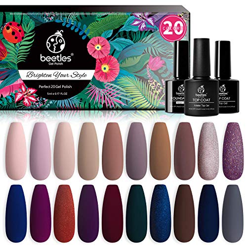 Beetles 20 Pcs Gel Nail Polish Kit - Manhattan Collection Soak Off Nail Gel Polish Set Nude Glitter Burgundy Red Purple Champagne Gold Starter Kit with Glossy & Matte Top Base Coat Mother's Day Gifts for Women