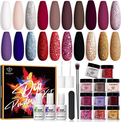 Modelones 20 Colors Dip Powder Nail Kit Starter, Red Glitter Collection Acrylic Dipping Powder System Essential Liquid Set with Base & Top Coat for French Nails Art Manicure DIY Salon Gift