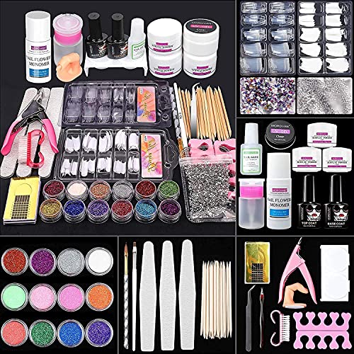 Morovan Acrylic Nail Kit with 12 Glitter Powder and Liquid Set - Professional Acrylic Nail Powder French Nail Tips, Practice Hand for Acrylic Nails Brushes Nail Art Tools Decoration DIY Nail Kit