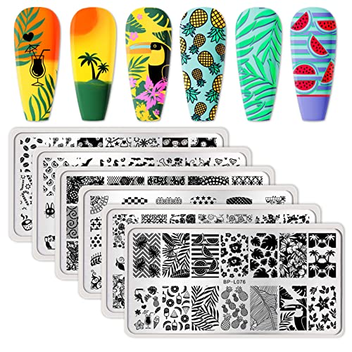 BORN PRETTY Nail Art Stamping Plates Set, Food, Bunnies, Flowers, Lace, Tropical, French Tip Themes Manicuring DIY Nail Templates Plates Print Tool Set