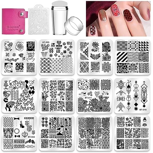 Biutee Nail Stamping Plates Set 12pcs Nail Plates 1stamper 1scraper 1storage bag Nail plate Template Image Plate Stencil Nails Tool (C)