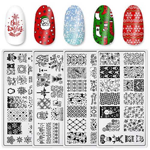 4 Pieces Christmas Nail Art Stamping Plates with Snowflakes Snowman Christmas Tree Santa Image Stamp Templates Kit DIY Stainless Steel Nail Image Polish Template Kit Manicure Stencils Tools