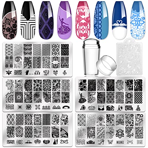 Biutee 5pcs Nail Stamping Plates + 1 Stamper + 1 Scraper Lace Flower Animal Pattern Nail Art Stamp Stamping Template Image Plate Nail Art Stamper Scraper Nails Tool