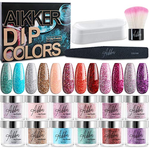 Aikker 12 Glitter Color Dip Powder Nail Kit Gift Set with Recycling Tray Brush File for Starter Party Nail Art Design AK16